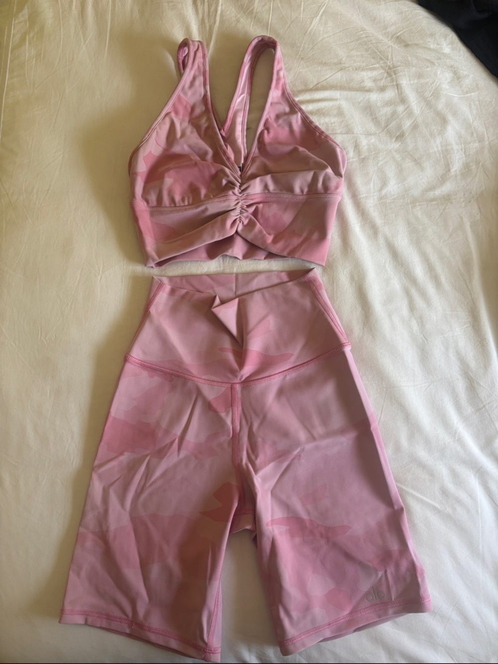 ALO Pink Ruched Sports Bra and High-Waist Biker Shorts Set